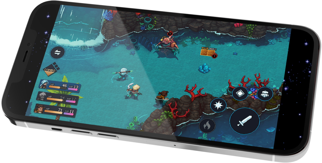 Sea of Stars gameplay met Valere en Zale in gevecht op iOS en Android