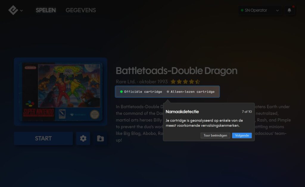 Epilogue SN Operator met originele Super Nintendo-cartridge aangesloten op een pc voor retro gaming