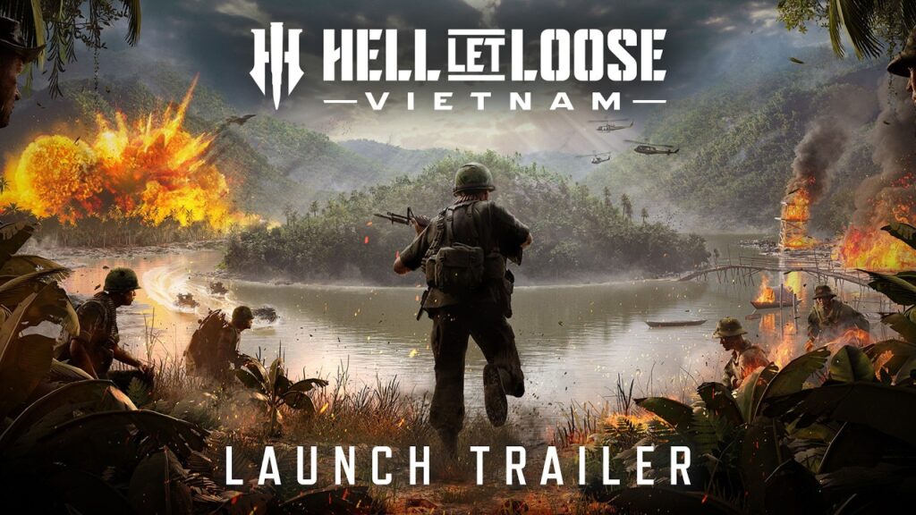 Soldaten in een intens junglegevecht uit Hell Let Loose: Vietnam met helikopters en explosies op de achtergrond.